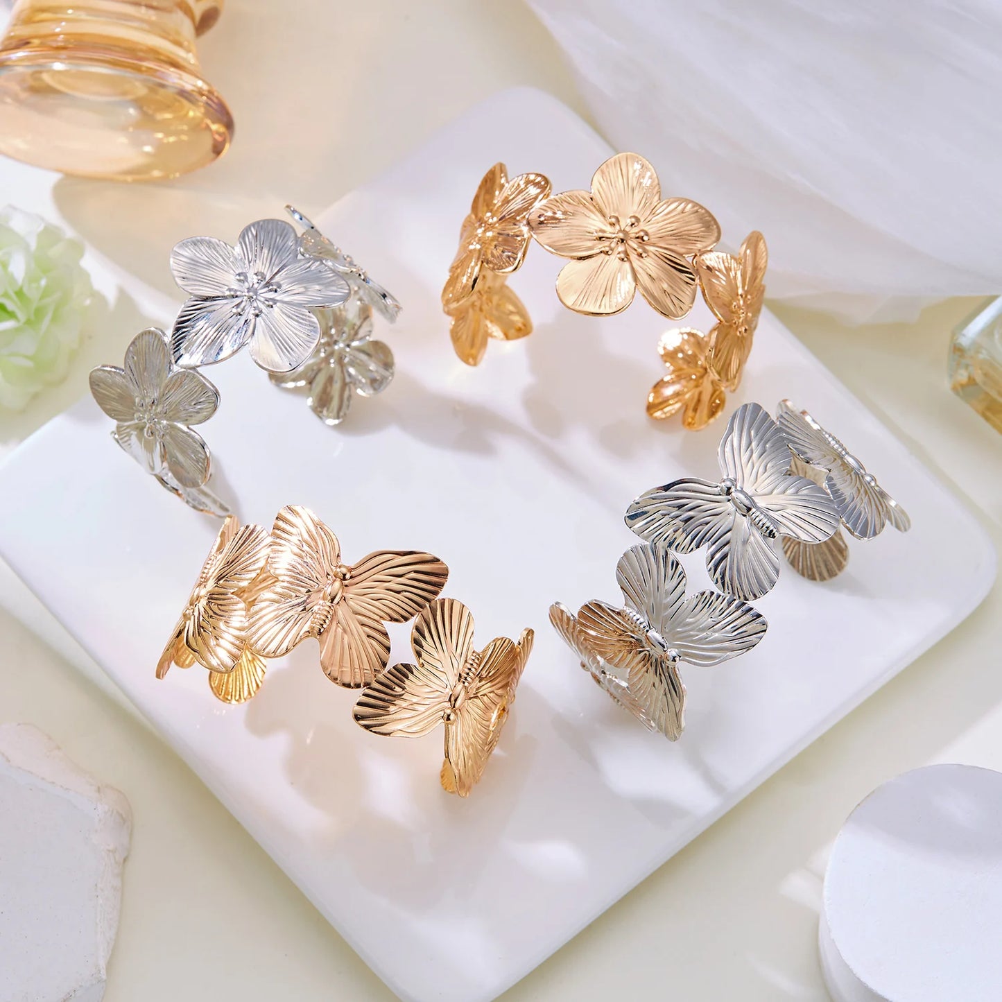 High Quality Stainless Steel Hollow Flower Butterfly Open Wide Bracelet Gold Plated Adjustable Cuff Bracelets for Women Jewelry